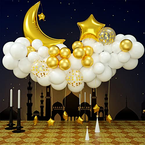 Luftballons Girlande Weiß Gold, Metallic Gold Konfetti Latex Ballons Girlande mit Mond Stern Folienballons Party Dekoration Set für Geburtstag Hochzeit Baby Shower Ramadan Deko von AOLOA