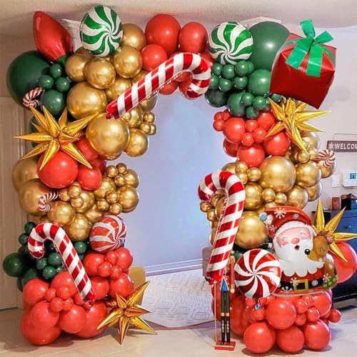 Weihnachten Luftballon Girlande, 99 Stück Weihnachten Rot Grün Gold Metallic Ballon Girlande mit Zuckerstangen, Explodieren Stern, Weihnachtsmann, Geschenkbox Folienballons für Neujahr Dekoration von AOLOA