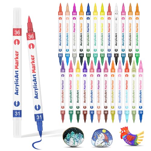 AOMEES 24 Stück 48 Farben Acrylstifte, Permanente Acrylic Paint Marker Dual Tip Design Wasserfest Marker Set für Holz Rock Painting Glas Kiesel Stein Metall Keramik von AOMEES