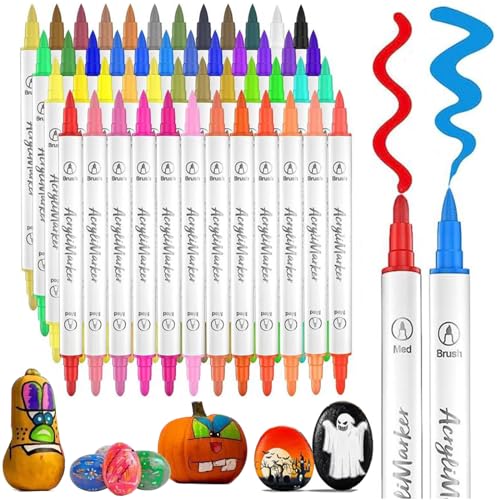 AOMEES 48 Farben 24 Stück Acrylic Paint Marker Stifte, Dual Tip Permanente Acrylmarker Stifte Permanente Wasserfeste Marker Stifte Set für Holz Rock Painting Glas Kiesel Stein Metall Keramik (48) von AOMEES