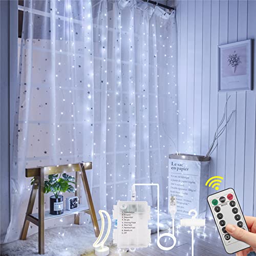 Aomig Lichtervorhang3x3m,Vorhang Lichterketten 2 in 1 USB & Batterie,LED Lichtervorhang mit10 Haken & Fernbedienung, 8Modi, Innen Weihnachten Deko,Hochzeit, Partydekoration-Weiß von Aomig