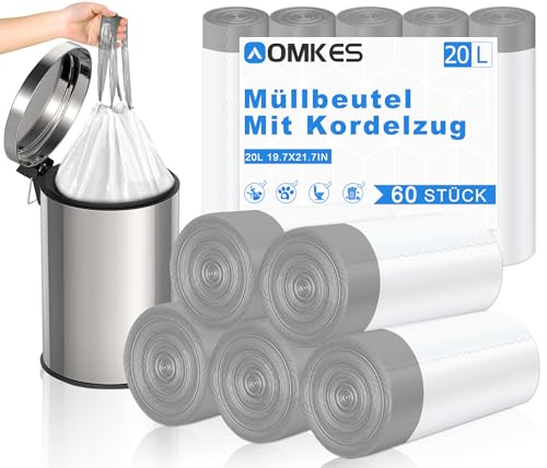 AOMKES Müllbeutel 20l mit Zugband Mülltüten 60 Stück Weiß Müllsäcke mit Kordelzug Küchen Abfallsäcke von AOMKES