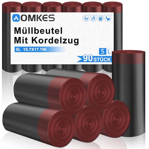 AOMKES Schwarz Müllbeutel 5l mit Zugband Kleine Mülltüten 90 Stück Müllsäcke von AOMKES