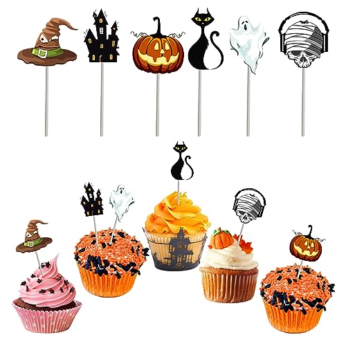 Halloween Cupcake Topper, Halloween Kucheneinsätze, 24 Stück Halloween-Kuchendekoration Kürbisse, Fledermaus Schädel Geist Messer Halloween Cupcake Dessert Für Einzigartiges Halloween von AOMiGT