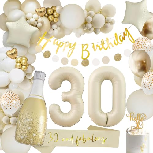 30 Geburtstag Deko, 30 Geburtstag Frauen Männer, Beige Gold Ballon Deko mit Happy Birthday Girlande, Nummer 30 Folienballons, Konfetti Luftballons für Mann Frauen 30 Jahre Geburtstag Party Dekoration von AONAT