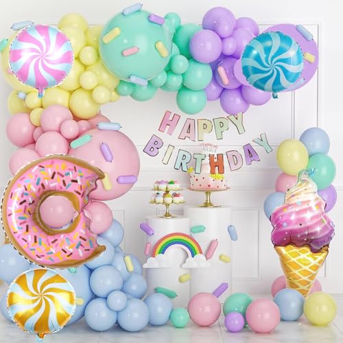 Geburtstagsdeko Mädchen, 112 Pcs Geburtstag Deko Set Mit Süßigkeiten Donut Eiscreme Folienballon, Pastell Luftballons Girlande, Happy Birthday Banner für Kinder Geburtstag Party Deko von AONAT