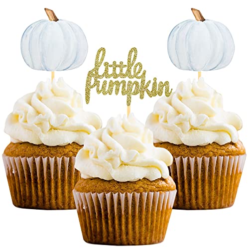 Little Pumpkin Cupcake Toppers, Thanksgiving Birthday Baby Shower Fall Theme Party Decorations Gender Reveal Supplies - Set of 24 (blue) von AONELAS