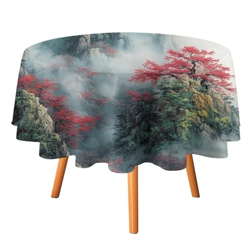 Tischdecken mit abstrakten japanischen Blumen und Landschaften, rund, 152,4 cm, rustikale Tischdecke mit japanischen Kirschblüten im Frühling, waschbare Tischdecke Tischdecken mit abstrakten japanischen Blumen und Landschaften, rund, 152,4 cm, rustikale Tischdecke mit japanischen Kirschblüten im Frühling, waschbare Tischdecke von AOOEDM