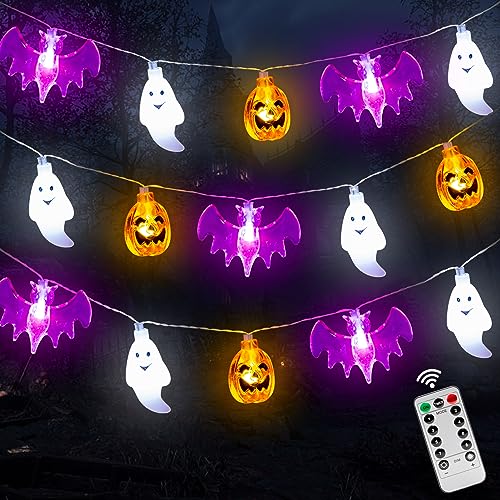 Halloween Lichterkette, 4.5M 30 LED Halloween Deko Lichterkette Kürbis Fledermaus Geist Deko Licht Batteriebetriebene Lichterkette mit Timer, 8 Modes Lichterketten Halloween Innen Außen Party Deko von AOOIIN