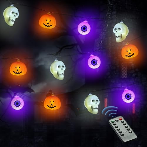 Halloween Lichterkette, 4.5M 30 LED Halloween Deko Lichterkette Kürbis Totenkopf Augapfel Deko Licht Batteriebetriebene Lichterkette mit Timer, 8 Modes Fairy Lights Halloween Indoor Outdoor Party von AOOIIN