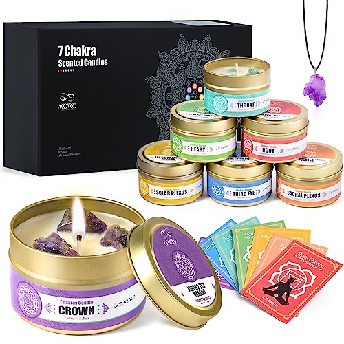 AOOVOO Chakra Kerze mit Heilkristallen - 7 Chakra-Kristall-Set, Spirituelle Geschenke für Frauen, Kristalle und Heilsteine Set, Soja-Wachs-Kerzen von AOOVOO