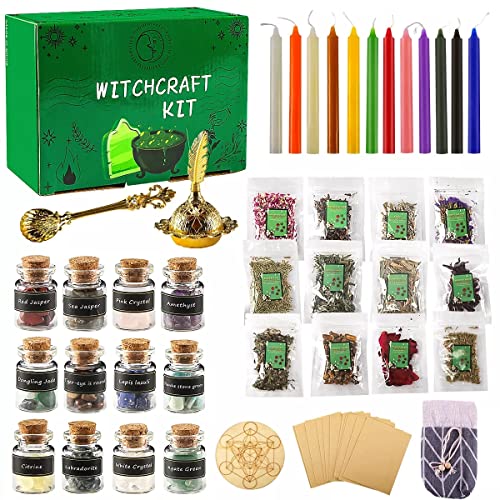 52 pcs Hexerei Witchcraft Kit, Hexerei-Set Einschließlich Kristalle, Getrocknete Kräuter, Farbige Kerzen, Messlöffel, Pergament, Hexerei Anfängerutensilien zum Wünschen, Ritualen (52 PCS) (52 Pcs) von AOSEE