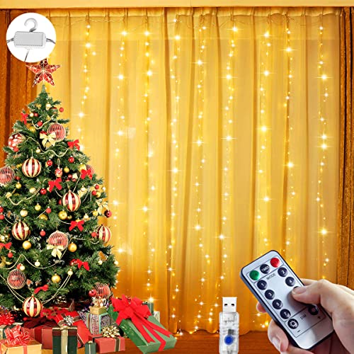 Lichtervorhang 3x3m, 300 LED Lichterketten Vorhang mit 8 Modi, IP65 Wasserdicht, LED Lichtervorhang mit Fernbedienung Timer verstellbare Helligkeit für Fenster,Weihnachten,Hochzeit,Party (Warmweiß) von AOSTOK