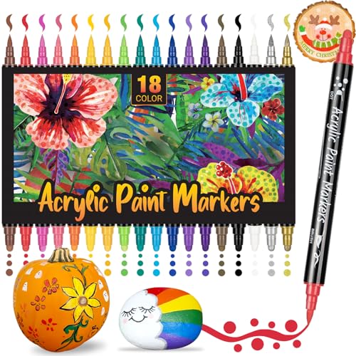 AOSUCO Acrylstifte für Steine Wasserfest: 18 Dual Tip Steine zum Bemalen Acrylstifte Wasserfest, Acrylstifte für Holz, Glas, Kunststoff, Muscheln, Holzanhänger Weihnachten, Kinder Acrylic Paint Marker von AOSUCO