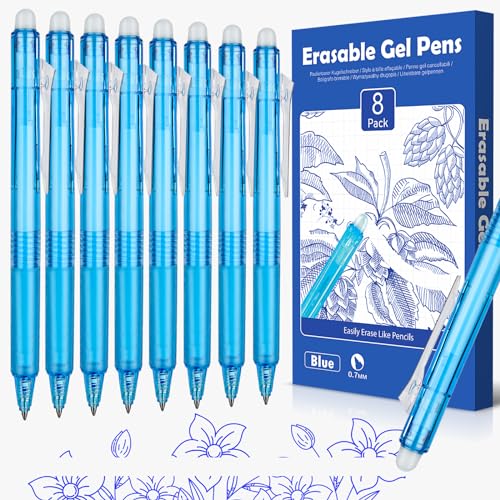 AOSUCO Radierbarer Kugelschreiber Blau- 8 Stück 0.7mm Einziehbare Radierbar Stifte mit Große Tintenmenge, Gel Tintenroller Radierbar zum Wegradieren, Erasable Pen mit Druckmechanik für Schule Büro von AOSUCO