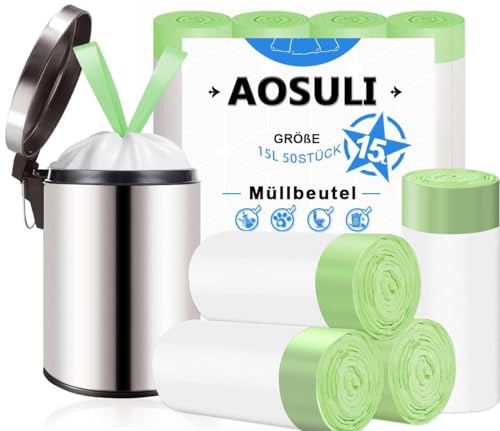 AOSULI Müllbeutel 15l mit Zugband 50 Stück Müllsäcke für Badezimmer,Küche,Büro,Weiß Mülltüten ﻿ von AOSULI