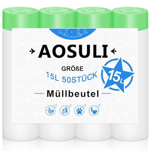 AOSULI Müllbeutel 15l mit Zugband 50 Stück Müllsäcke mit Griff Weiß Mülltüten für Badezimmer,Küche,Büro von AOSULI