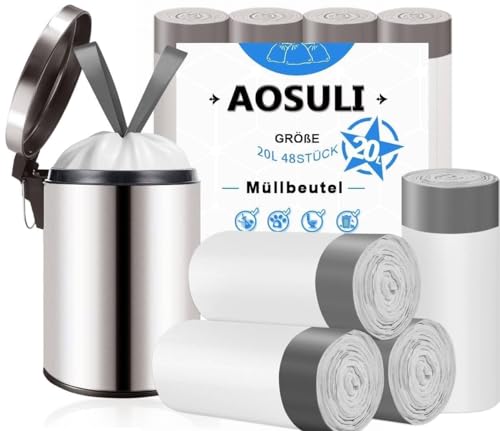 AOSULI Müllbeutel 20l Weiß Müllsäcke mit Zugband 48 Stück Kordelzug Mülltüten für Küche,Büro,Badezimmer von AOSULI