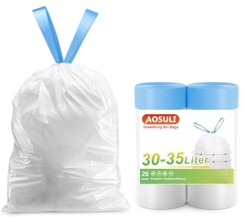 AOSULI Müllbeutel 30L mit Zugband 35L Müllsäcke mit Kordelzug 20 Stück Weiß Mülltüten von AOSULI