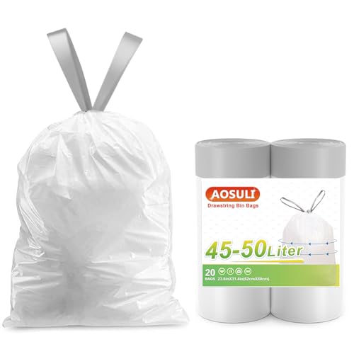 AOSULI Müllbeutel 45-50L mit Zugband Weiß Müllsäcke Küchenmüllbeutel 20 Stück Mülltüten von AOSULI