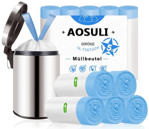 AOSULI Müllbeutel 5Liter mit Zugband Kleine Müllsäcke für Badezimmer Büro,75 Stück Weiß Mülltüten von AOSULI