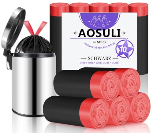 AOSULI Schwarze Müllbeutel 10L mit Zugband 75 Stück Kleine Mülltüten Reißfest Müllsäcke Blickdicht Abfallbeutel für Kosmetikeimer von AOSULI