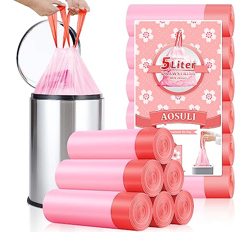 AOSULI Tretmüllbeutel mit Kordelzuggriffen, 108 Stück, Mini-Kunststoff-Müllbeutel, 5 l, kleine Papier-Müllbeutel für Badezimmer, WC, Büro, Küche, 3 l - 6 l Mülleimer, Rosa von AOSULI