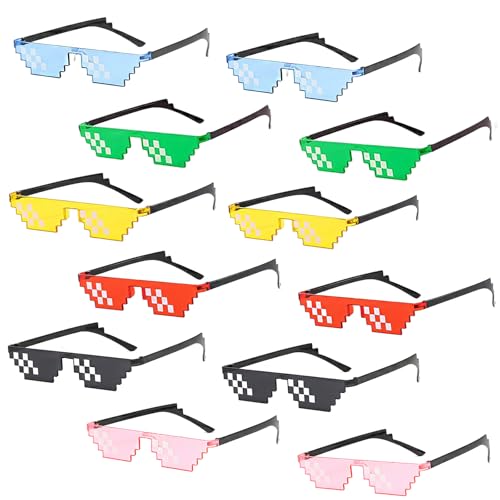 12 Stück Thug Life Brillen, Pixel-Brille, Kunststoff, Mosaik-Brille, 6 Farben, coole Sonnenbrille für Party, Urlaub, lustige Dekoration, Party-Requisiten für Erwachsene und Kinder von AOT