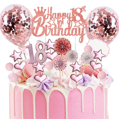 25 Stück 18th Birthday Cake Decoration for Girl 18th Rose Gold Glitter Cake Topper,mit Konfetti Ballons, Papierfächern, Sternen, Herzen und Ball Cake Topper von AOT