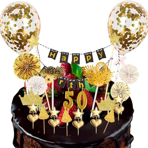 26 Stück 50 Golden Years Cake Topper Happy Birthday Tortendeko Geburtstag Gold Topper mit Zahlenkerze 50 Happy Birthday Kuchendeko für 50 Geburtstag Deko Cake Decoration(Gold) von AOT