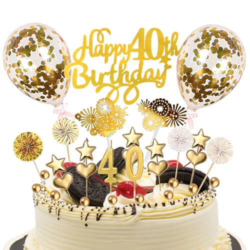 AOT Gold Happy Birthday Tortendekoration, 40. Geburtstag Männer Frauen, 40 Cake Topper Geburtstagskerzen, 31 Stück mit Sternen, Liebe Konfetti Ballons und Papierfächer von AOT