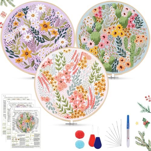 AOTWAN Blumenmuster Stickset für Anfänger Sticken Set Erwachsene Embroidery Kit Pflanzen Stickerei Set mit 2 Stück Bambus Stickrahmen, Anleitung und Werkzeuge Kreuzstich Set DIY Set von AOTWAN