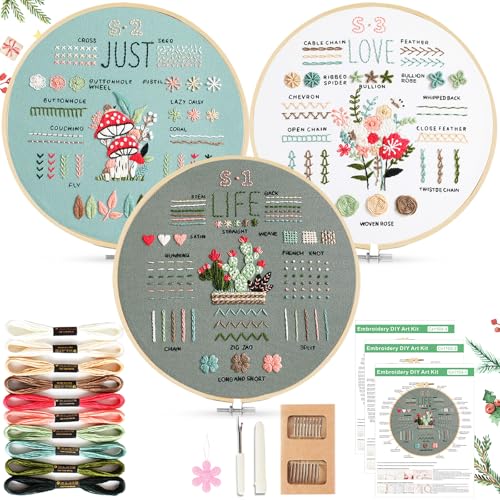 AOTWAN Stickset für Anfänger Sticken Set Erwachsene Blumenmuster Pflanzen Embroidery Kit Stickerei Set mit 2 Stück Bambus Stickrahmen, Anleitung und Werkzeuge, Kreuzstich Set für DIY Kunst, Handwerk von AOTWAN