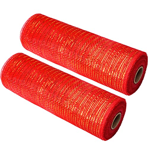 AOVNA 2 Rollen Poly Mesh Ribbon Rolls Metallic Foil Deco Poly Jute Mesh Deco Mesh Rollen Kranzherstellung Band für Weihnachten Urlaub Handwerk Schleifen Herstellung (rot) von AOVNA