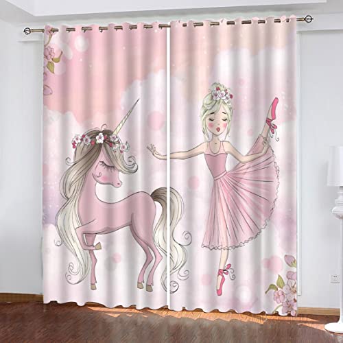 AOYNP Vorhang Blickdicht mit Ösen 3D Mädchen und Pferd Verdunkelungsvorhang Wohnzimmer 2er Set, rosa Prinzessin schlossPolyester Schallschutz Gardinen für Kinderzimmer Dekoration 220x215 cm von AOYNP