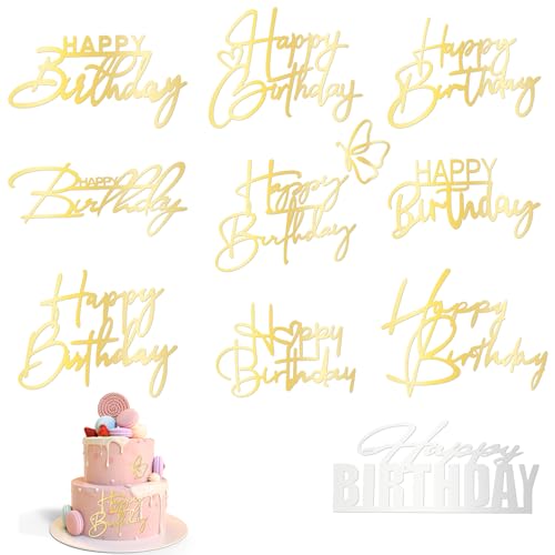 AOZUO 10 Stück Happy Birthday Tortendeko,Happy Birthday Cake Topper Aus Acryl,Cake Toppers Kuchenaufsätze Goldfarbener Kuchendekorationen Kuchentafeln DIY Kuchendekor Geburtstagsparty Zubehör von AOZUO