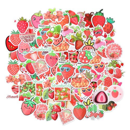 AOZUO 100 Stück Erdbeerkuchen Sticker Kinder,Erdbeer Sticker Set,Erdbeerkuchen Aufkleber Süße Rote Erdbeer Selbermachen Wasserdichte Obst Vinyl Mit Cartoon Motiv für Laptop Gepäck Gitarre Scrapbook von AOZUO