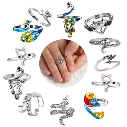 AOZUO 12pcs Häkelring, Crochet Ring Verstellbarer Häkelringe Metall Häkel Ring Fisch Pfau Fledermaus Häkel Zubehör Häkelspannungsring für Häkelerinnen Handgefertigt Geflochten von AOZUO