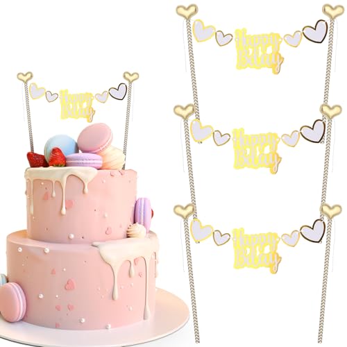 AOZUO 3 Stück Alles Gute Zum Geburtstag Kuchen Topper Bunting Set, Happy Birthday Kuchendekoration, Goldenes Herz Wimpelkette Banner Kuchenaufsatz für Jungen Mädchen Geburtstagsparty Backdekoration von AOZUO