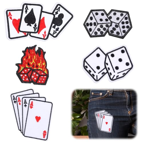 AOZUO 5 Stück Poker Bügelbilder, Spielkarten Patch Gaming Herzen Würfel Clubs Reparatur bestickte Applikationen zum Aufbügeln für DIY Kleidung Jacken Hemden Hüte Rucksäcke Jeans Taschen von AOZUO