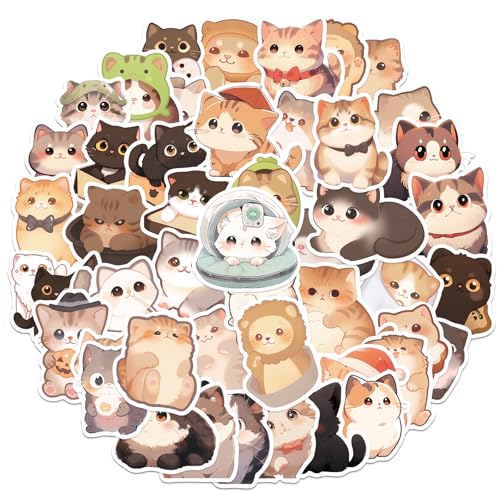 AOZUO 50 Stück Katzen Sticker,Niedliches Aufkleber Katze,Kawaii Katzen Aufkleber Lustige Cartoon Tier Ästhetik Aufkleber Wasserfest Selbstklebende Vinyl Aufkleber für Scrapbooking Planer Tagebücher von AOZUO