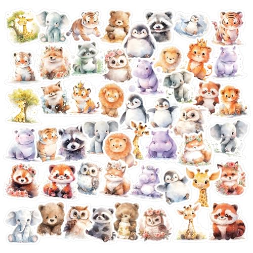 AOZUO 50 Stück Süße Tiere Sticker Kinder, Kawaii Vinyl Aufkleber mit Niedlichen Aquarellen Tiere Motiven Wasserfest Selbstklebend für Laptop, Telefon, Wasserflasche, Fahrrad, Scrapbook, Fotoalben von AOZUO