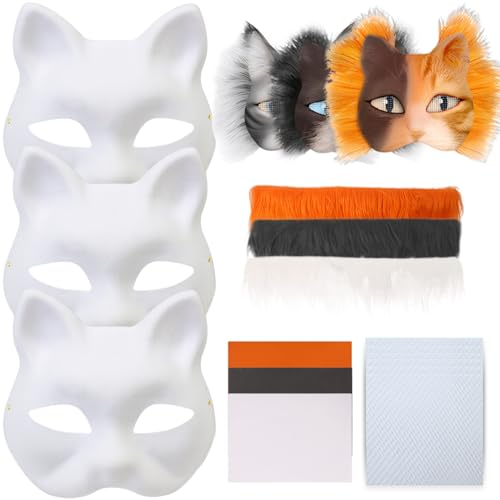 AOpghY 3er-Set Therian-Maskenset mit Filzstoff, Augennetz, falsche Wolle, Halbgesichts-Katzenmaske, elastisch, lustige DIY-Pelzmaske, festliches Maskenball-Ankleidezubehör von AOpghY