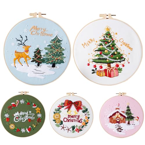 AOpghY Weihnachts -Stickkit, 5 Set Stickkit mit Stickstoff, Weihnachtsmuster, Baumwollfäden, Nadelunterricht und Loop, Weihnachtsstickkit mit Stickrahmen von AOpghY