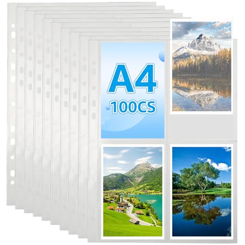 APACALI 100 Stück 400 Taschen Fotohüllen DIN A4, Postkartenhüllen 4 fächer, A4 Foto Hüllen für A4 2/3/4 Ringbuch, Top Loading Fotoalbum Nachfüllseiten von APACALI