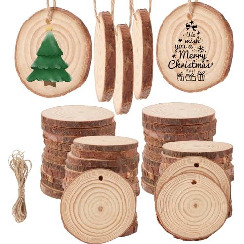 APACALI 100 Stück Holzscheiben, 5-6cm Baumscheiben mit Rinde, Holzscheiben Zum Basteln mit Loch, Rund Holz Log Scheiben, Unvollendete Holzkreise für DIY, Hochzeit, Mittelstücke Weihnachten Dekoration von APACALI