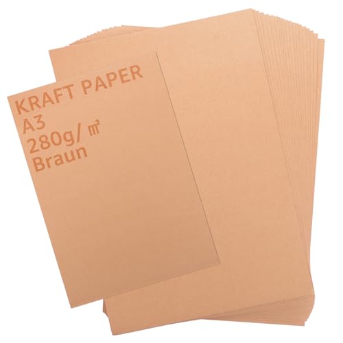 APACALI 50 Blatt Kraftpapier A3, 42x29,7CM Bastelpapier und Naturkarton Pappe Blätter, Kraftkarton zum Drucken, Braunes Papier, Kartonpapier Basteln für Vintage Hochzeit Geschenke Etiketten von APACALI