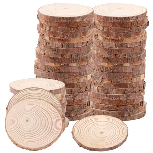 APACALI 50 Stück Holzscheiben, 6-7cm Baumscheiben mit Rinde, Holzscheiben Zum Basteln Ohne Loch, Rund Holz Log Scheiben, Unvollendete Holzkreise für DIY, Hochzeit, Mittelstücke von APACALI