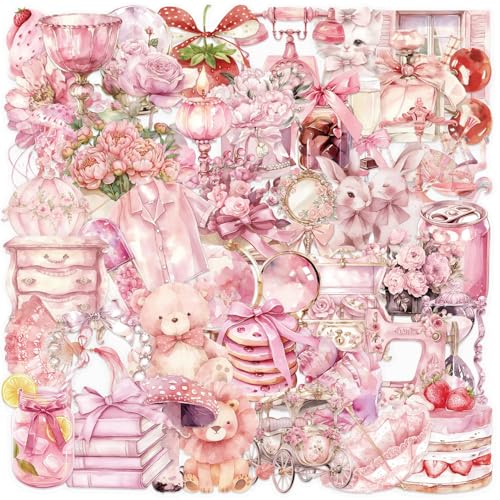 APAREAL Aesthetic Rosa Stickers Set, 50 Stück Kawaii Anime Aufkleber für Laptop Scrapbooking Journal Kindle Skateboard Notebook Gitarre Koffer Fahrrad, Wasserfeste Transparente PET Sticker von APAREAL