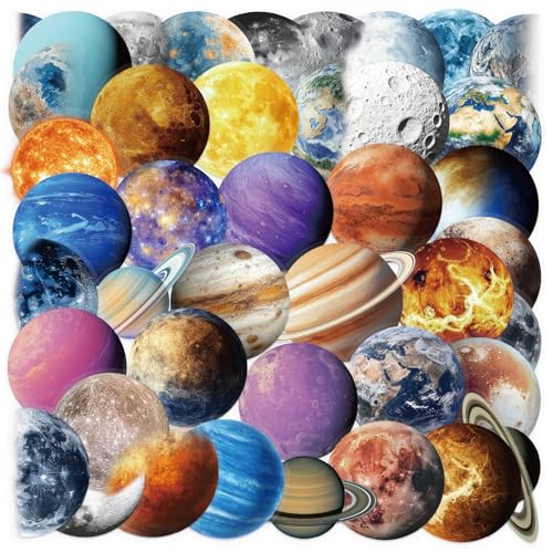 APAREAL Planet Sticker Set 50 Stück, Planet Sonnensystem Aufkleber für Koffer Laptop Wand Scrapbooking Journal Skateboard Snowboard Motorrad, Wasserfeste Transparente PET Weltraum Sticker von APAREAL